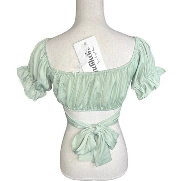 Indikah green crop top coquette boho festival NEW puff sleeve summer soft girl - Picture 6 of 10